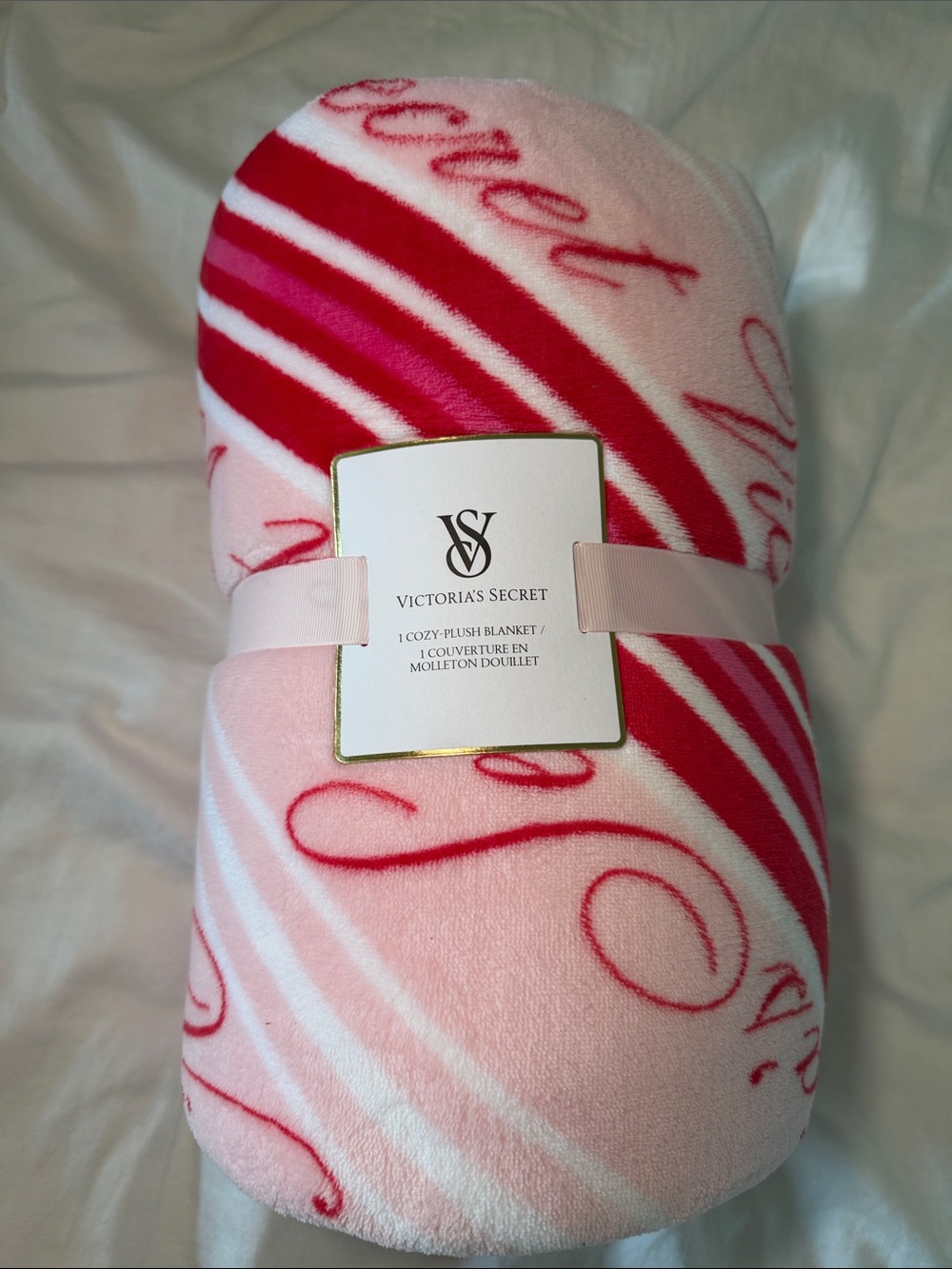 Victoria's Secret Pink Blanket with Red Script & Stripes